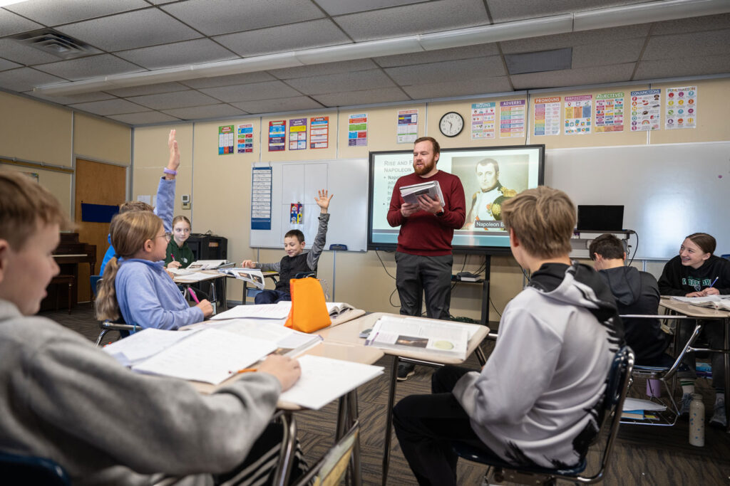 Teacher teaching elementary and middle school students at Salem Lutheran School in Greenfield, MN