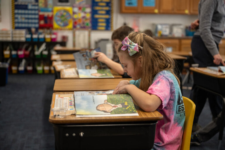 Preschool and kindergarten students working hard on school work at Salem Lutheran School in Greenfield, MN